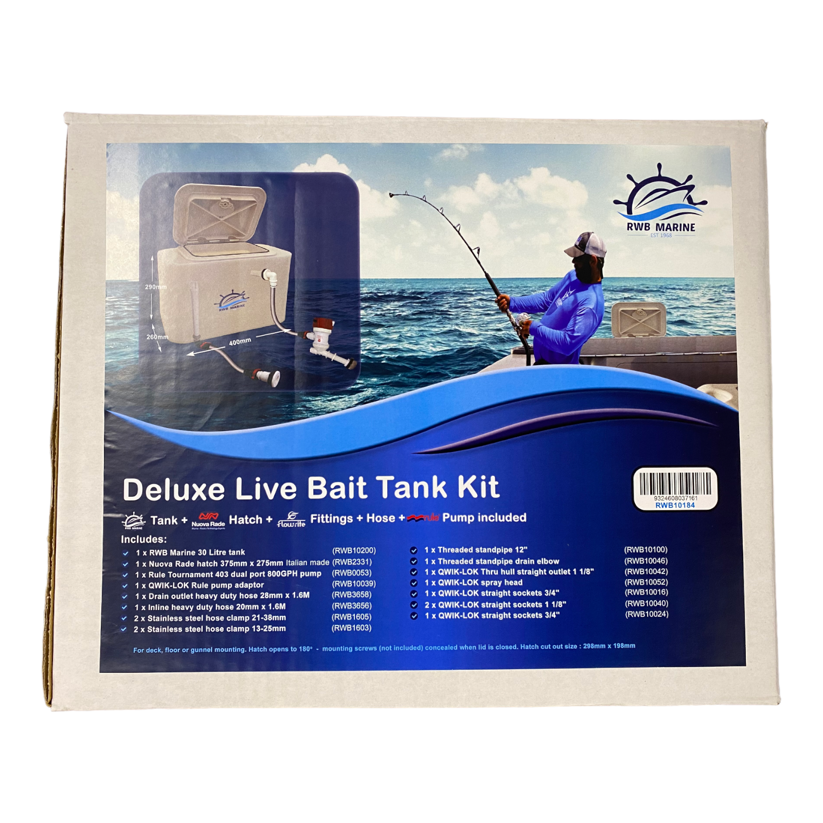 Deluxe Live Bait Tank Kit Hatch Pump Fitting Livewell for Boats Fishing 30  Litre